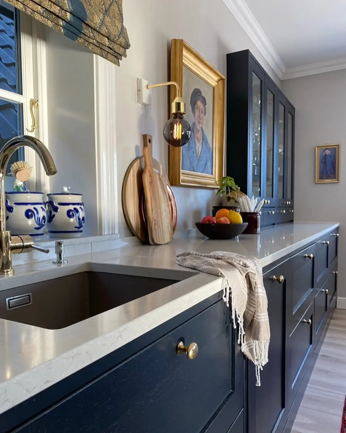 silestone snowy ibiza countertops blue cabinets